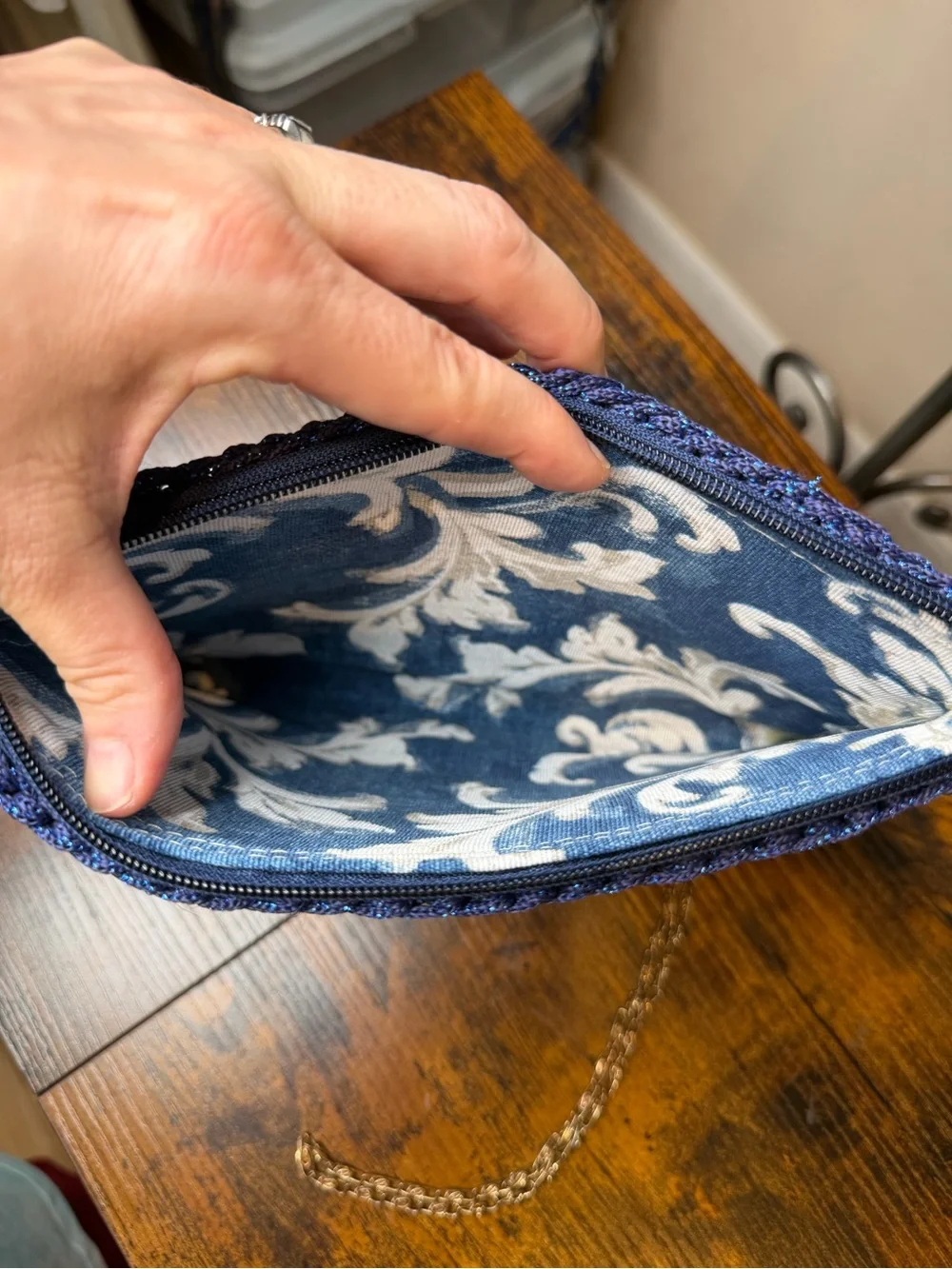 Embroidered Navy Blue Tassel Clutch with Gold Accents Gold Chain